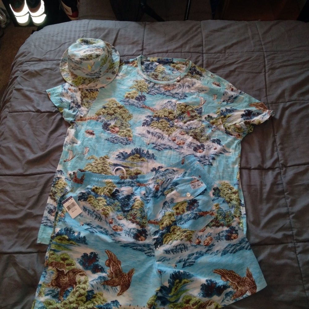 Entire shirt, short and hat polo set. Hat and shirt is a lil faded